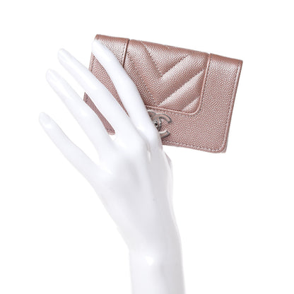 Chanel Metallic Caviar Chevron Quilted Vintage Mademoiselle Card Holder Pink 2 of 9