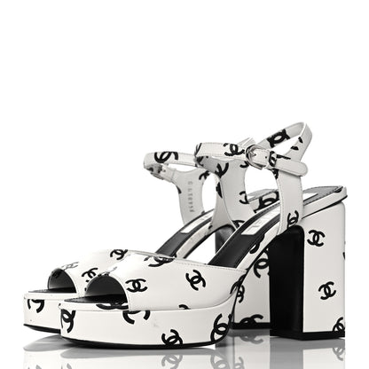Chanel Printed Lambskin Coco Beach Platform Sandals 38 White Black 3 of 11