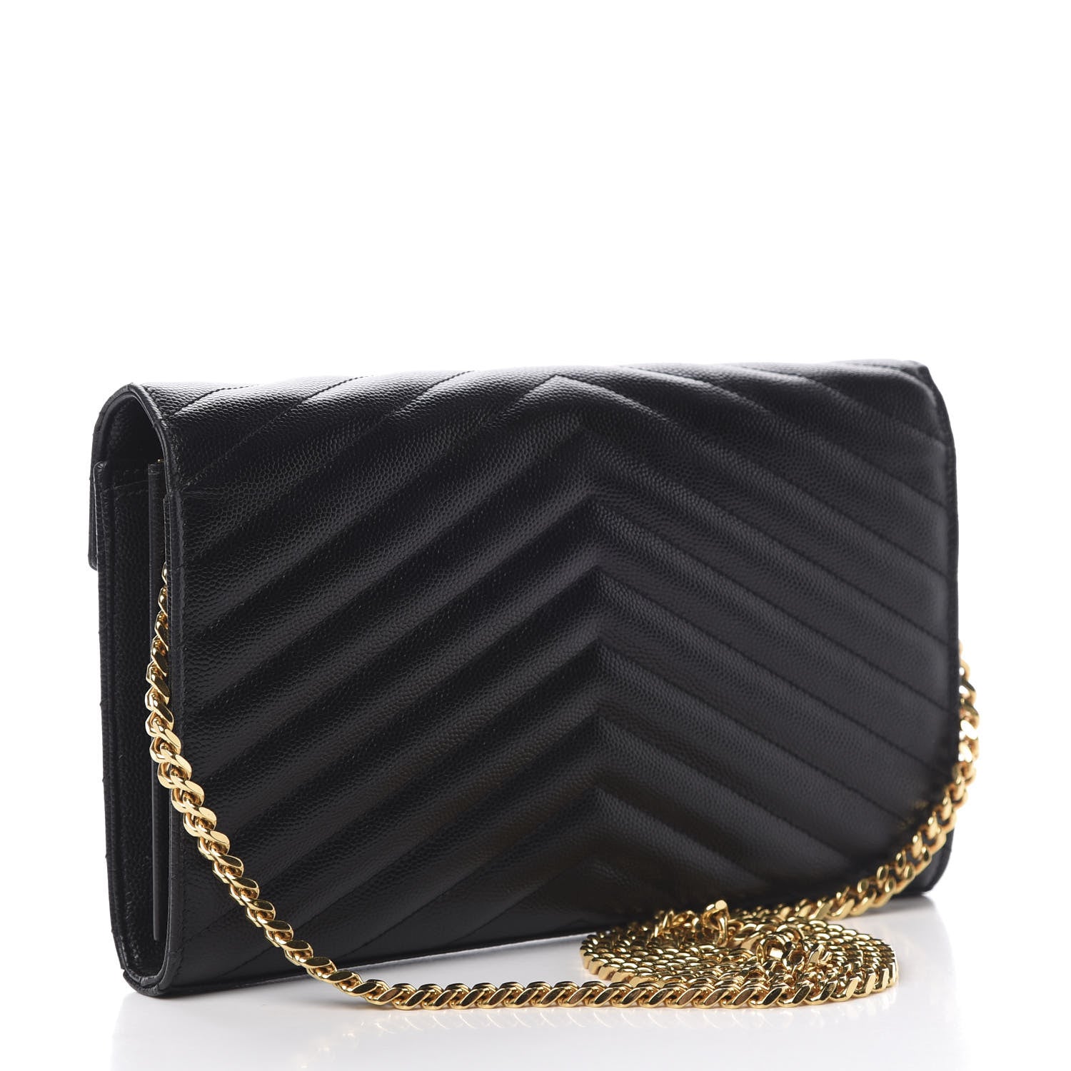 Saint Laurent Grain De Poudre Matelasse Chevron Monogram Chain Wallet Black 3 of 17