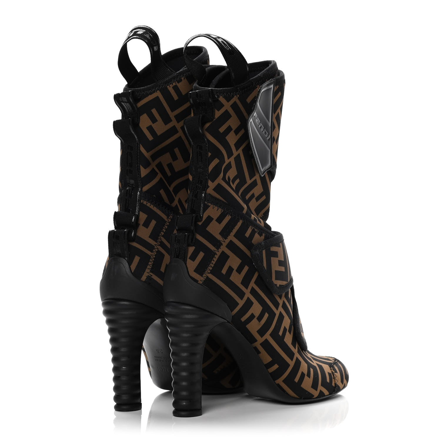 Fendi Lycra Vitello FF Logo Tape Promenade Ankle Boots 36 Tobacco Black 4 of 12