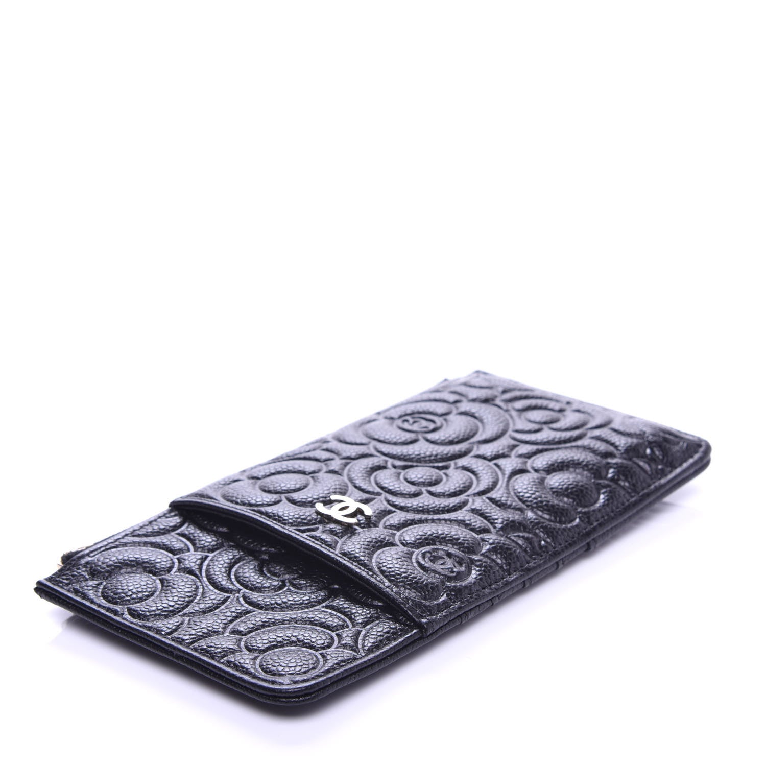 Chanel Caviar Camellia Embossed Classic Flat Wallet Pouch Black 4 of 8
