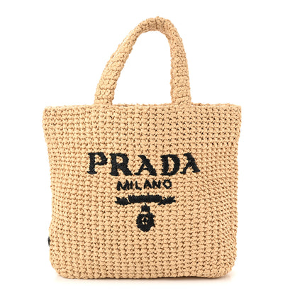 Prada Yarn Raffia Effect Crochet Embroidered Small Logo Tote Naturale 1 of 10