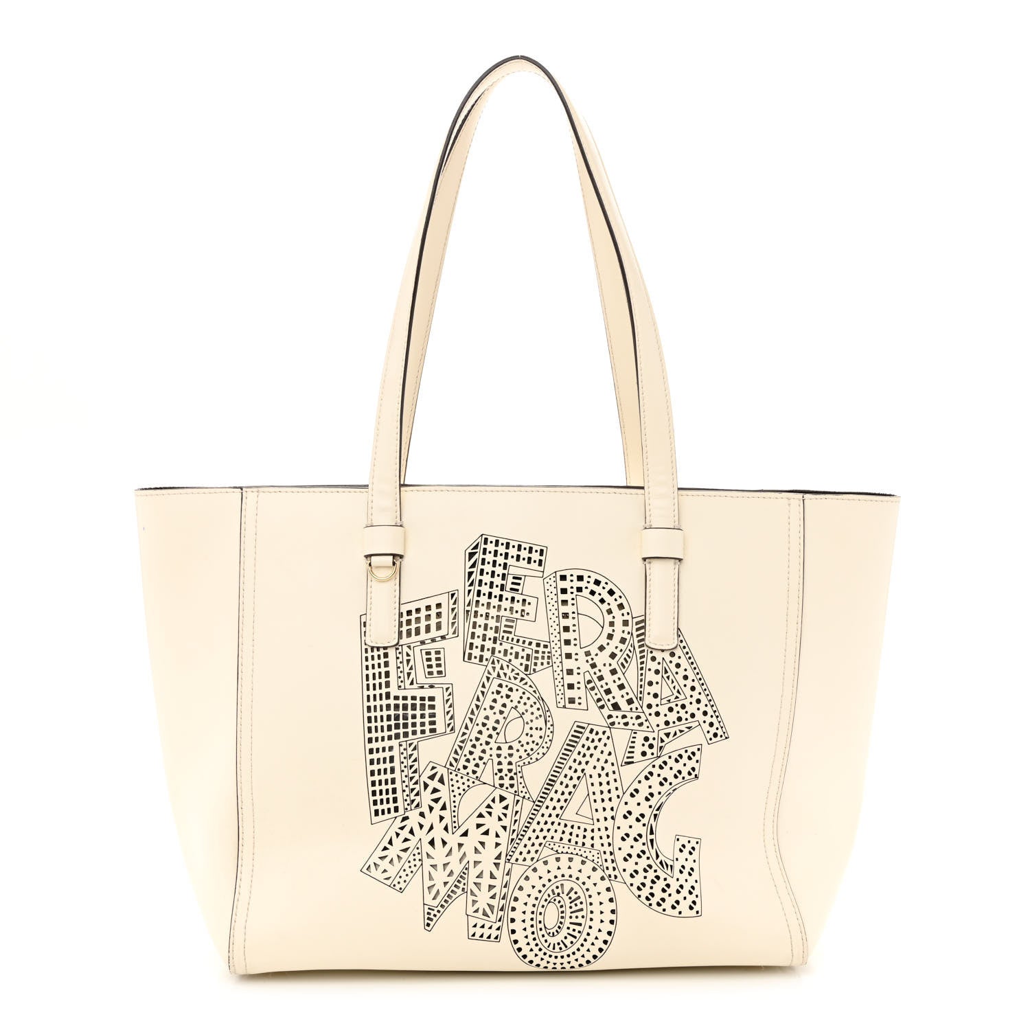 Salvatore Ferragamo Calfskin Perforated Logo Bonnie Tote Ivory Black 1 of 16