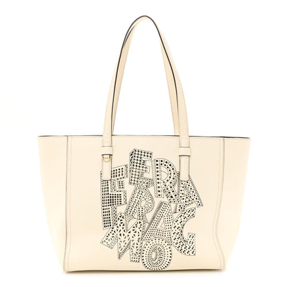 Salvatore Ferragamo Calfskin Perforated Logo Bonnie Tote Ivory Black 1 of 16