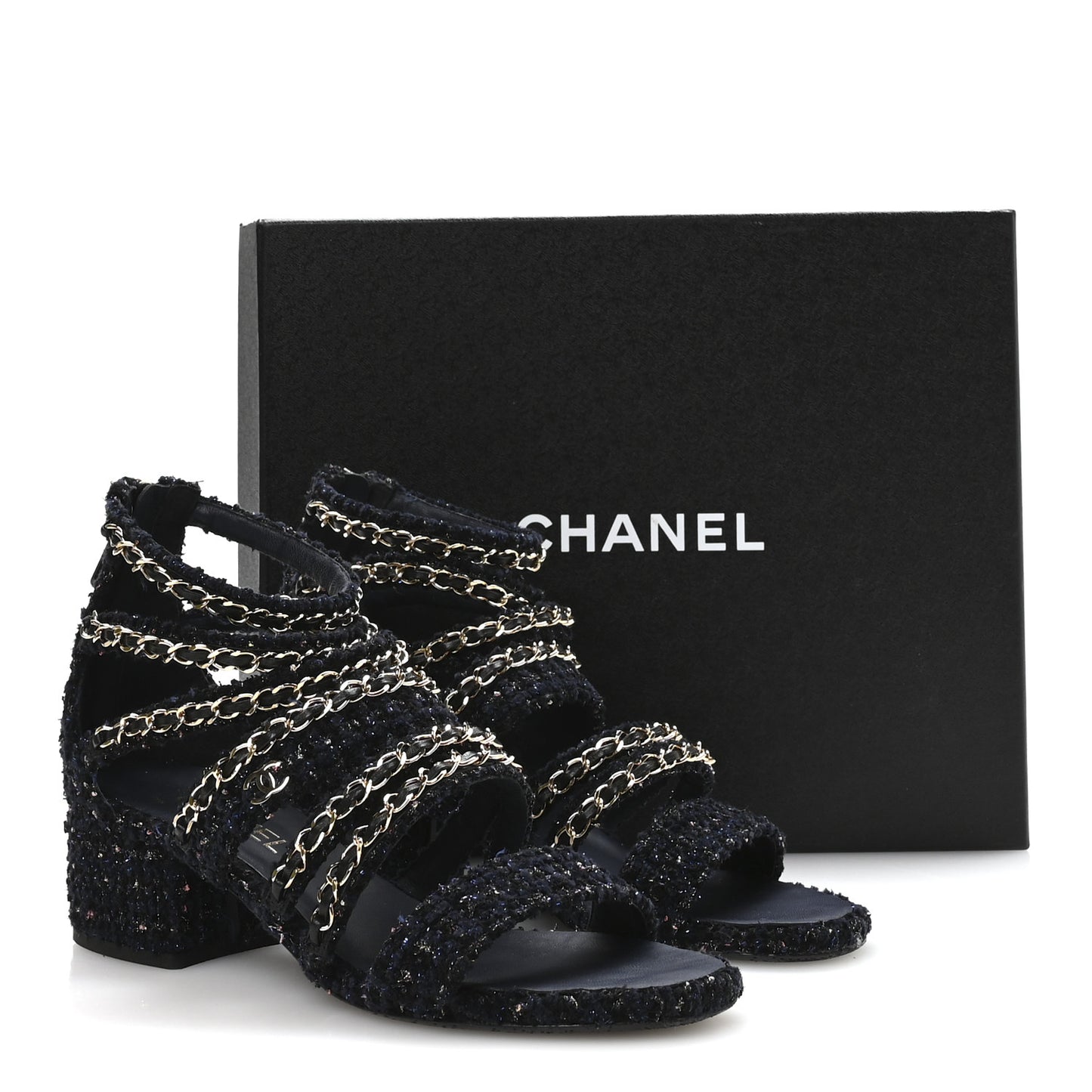 Metallic Tweed Gladiator Chain Sandals 39 Navy Bronze