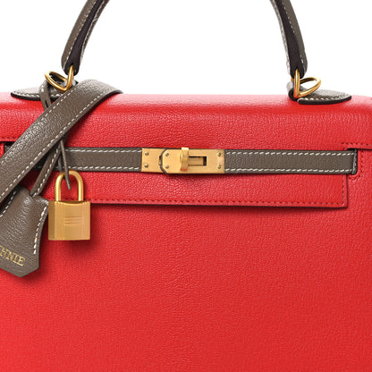 Hermes Chevre Chandra Bi-Color Horseshoe Kelly Sellier 25 Rouge De Coeur Etoupe 8 of 14