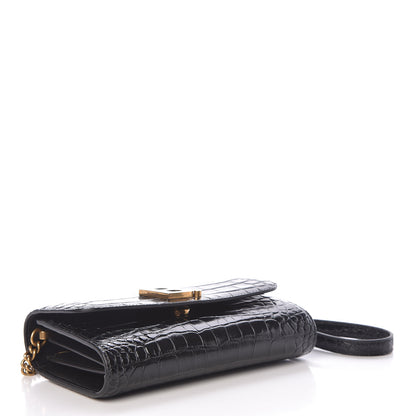 Balenciaga Shiny Calfskin Crocodile Embossed B Continental Chain Bag Black 5 of 11