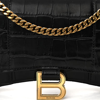 Balenciaga Shiny Calfskin Crocodile Embossed Hourglass Chain Bag Black 6 of 10