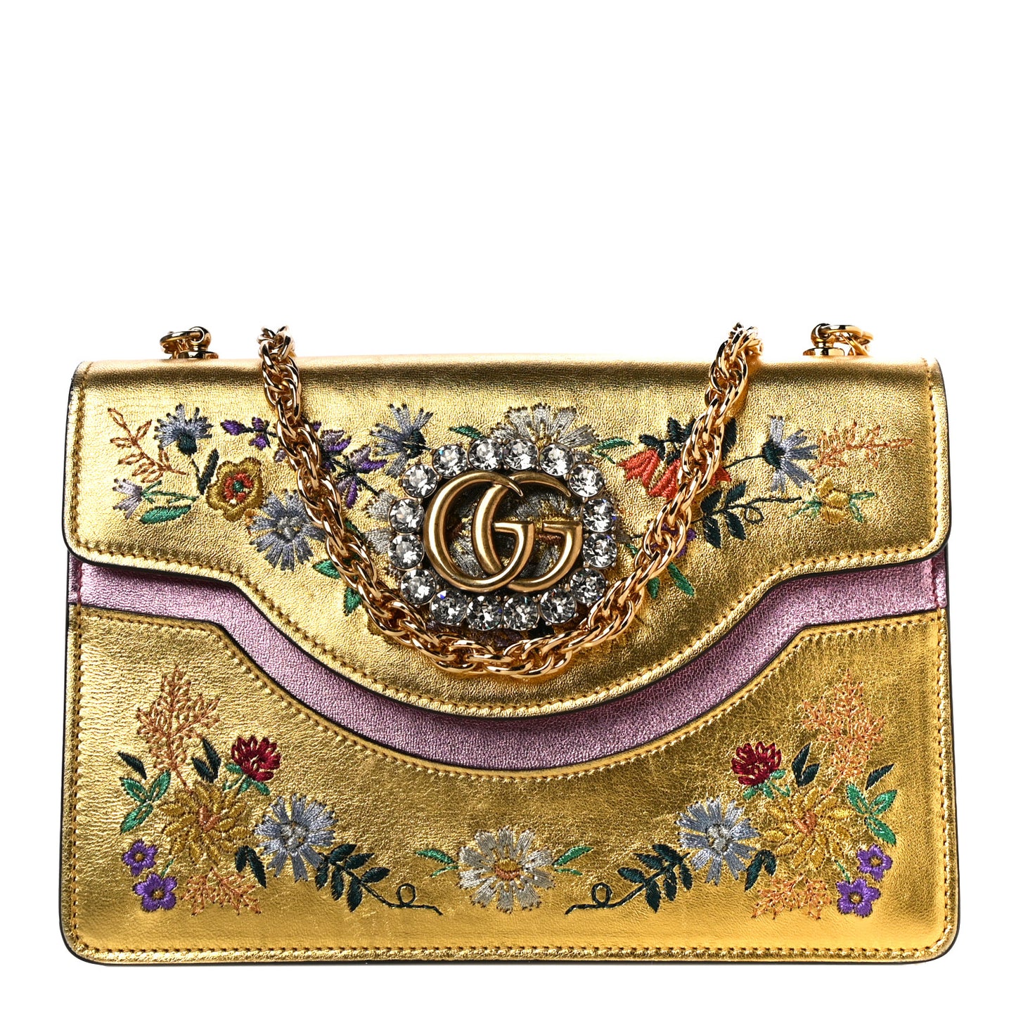 Metallic Calfskin Embroidered Small Shoulder Bag Gold