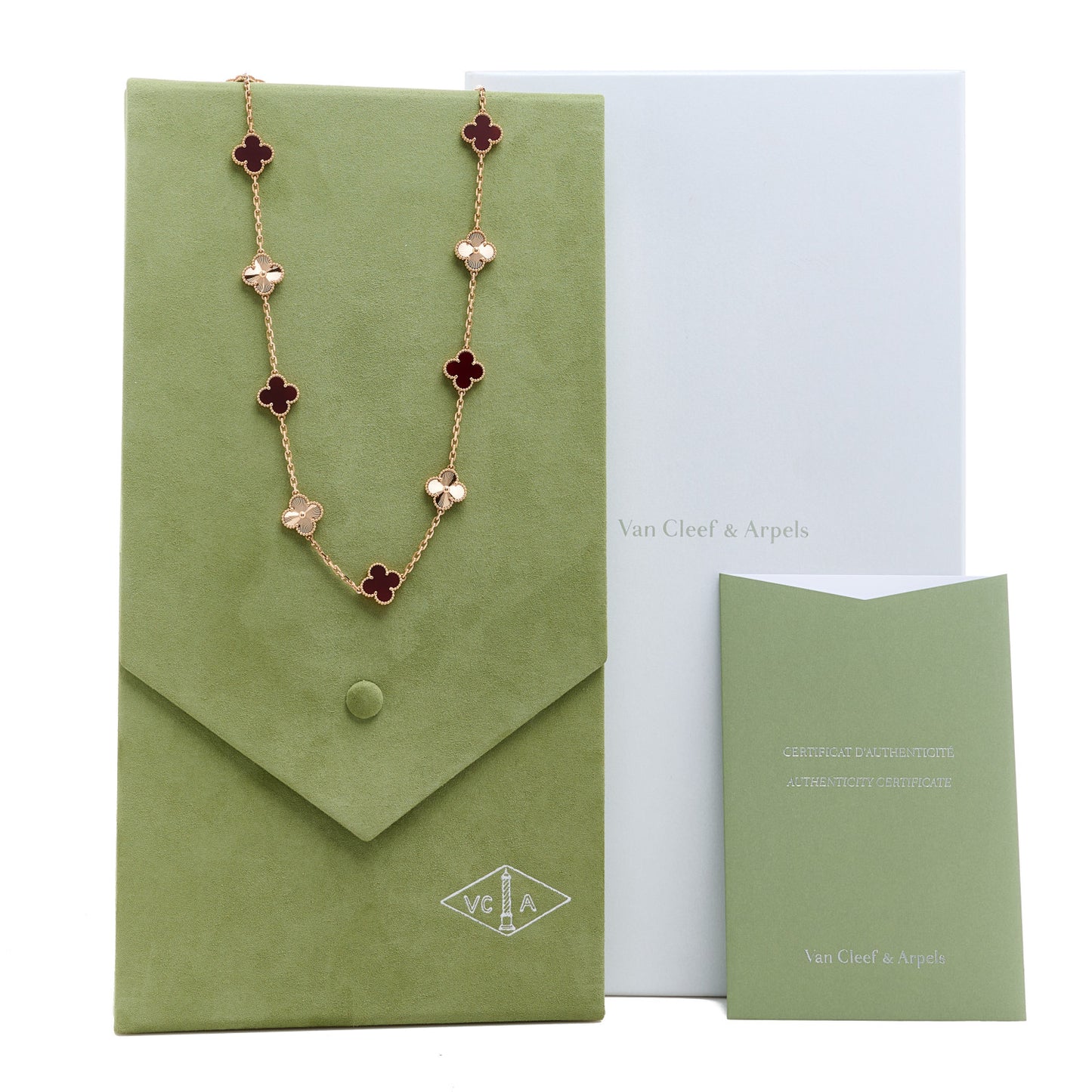 18K Rose Gold Carnelian 20 Motifs Guilloche Vintage Alhambra Necklace