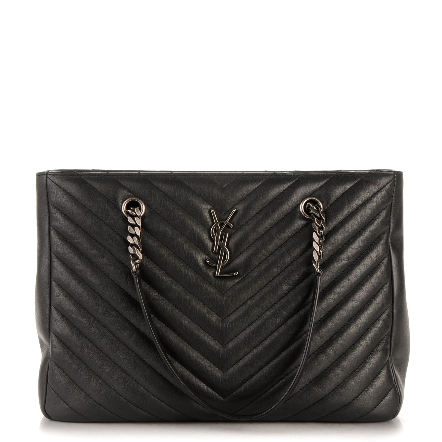 Sheepskin Matelasse Chevron Large Monogram Shopping Bag Black