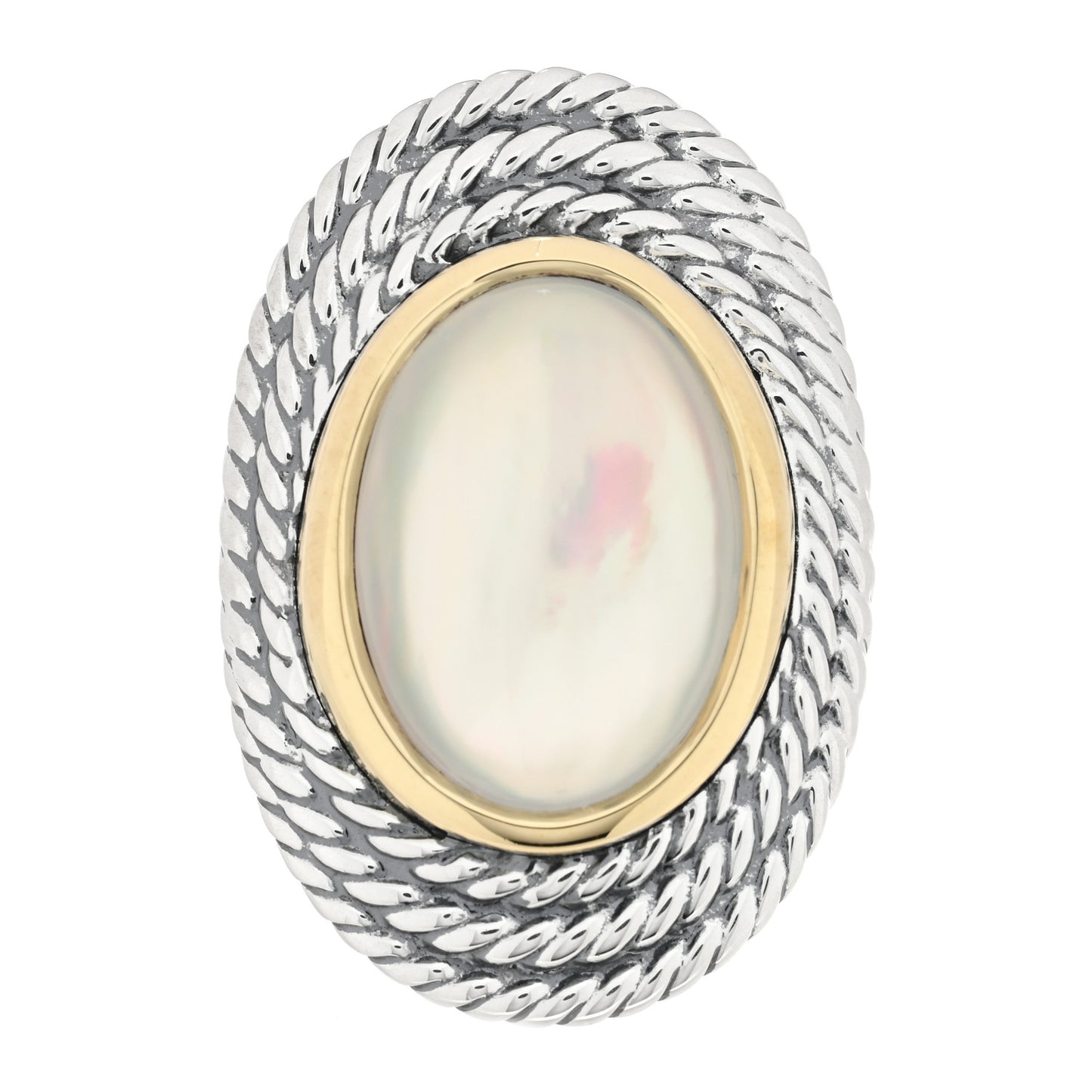 Sterling Silver 18K Yellow Gold Mother of Pearl Quartz Oval Ring 53 6.5