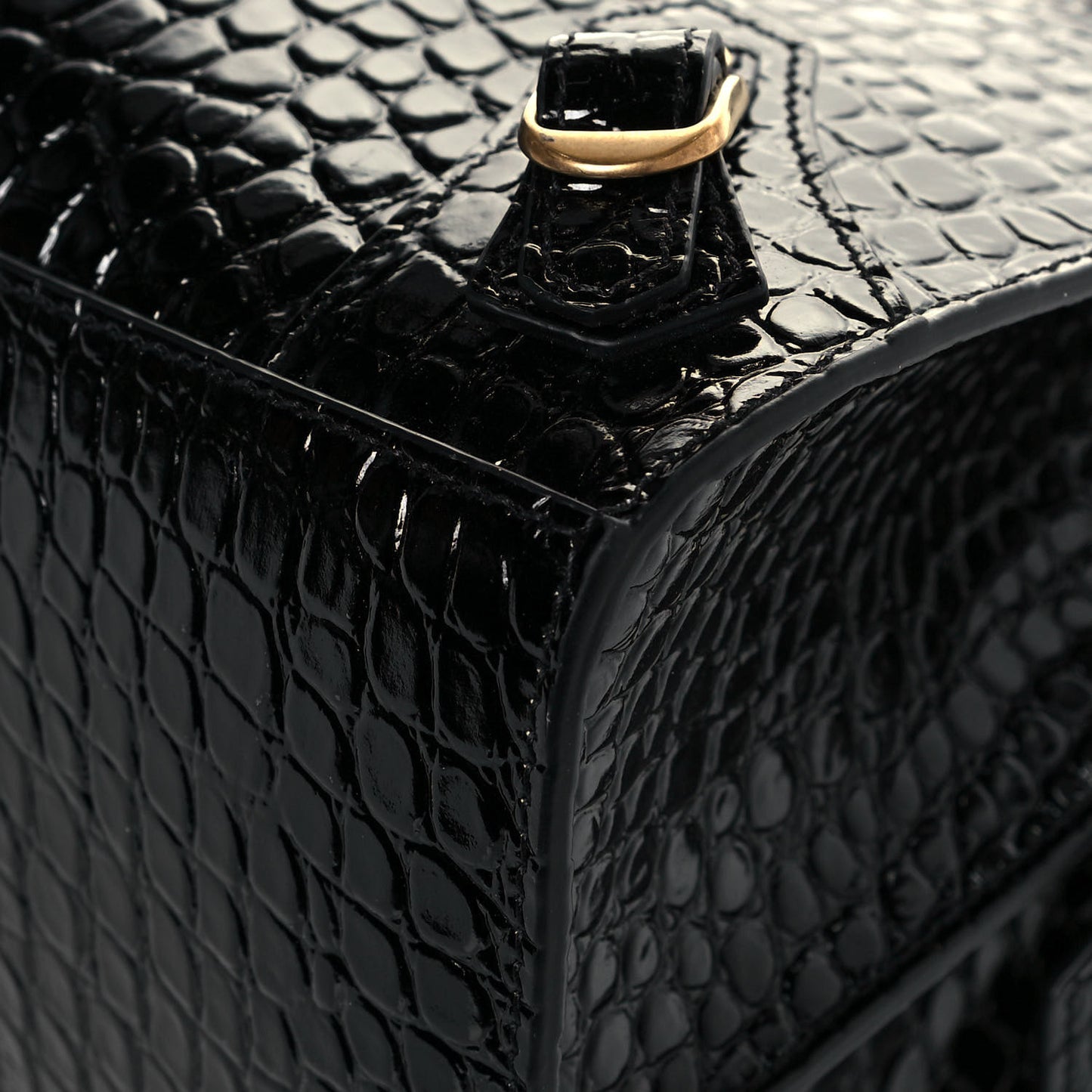 Shiny Supple Calfskin Crocodile Embossed Brass Hardware Neo Classic City Black