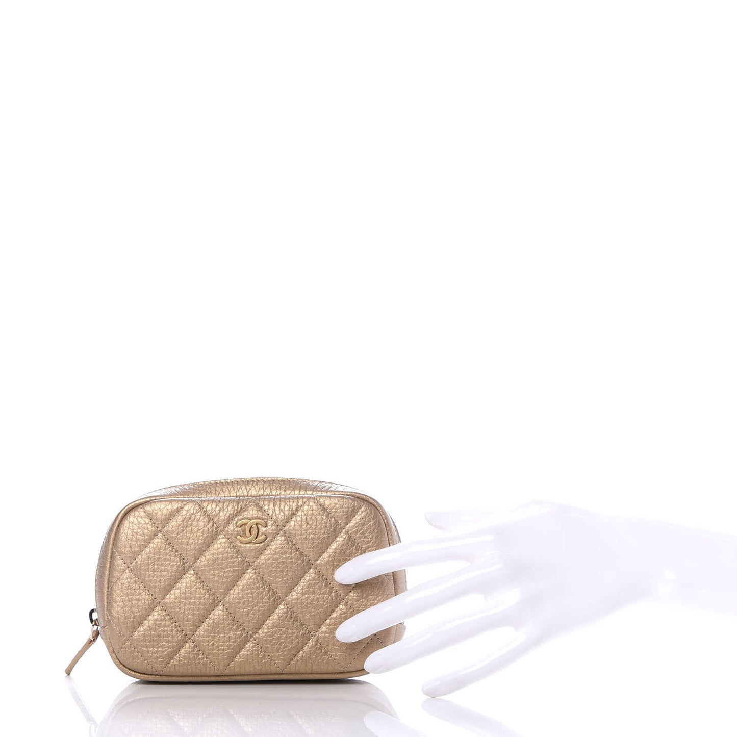 Metallic Calfskin Quilted Small Curvy Pouch Cosmetic Case Gold