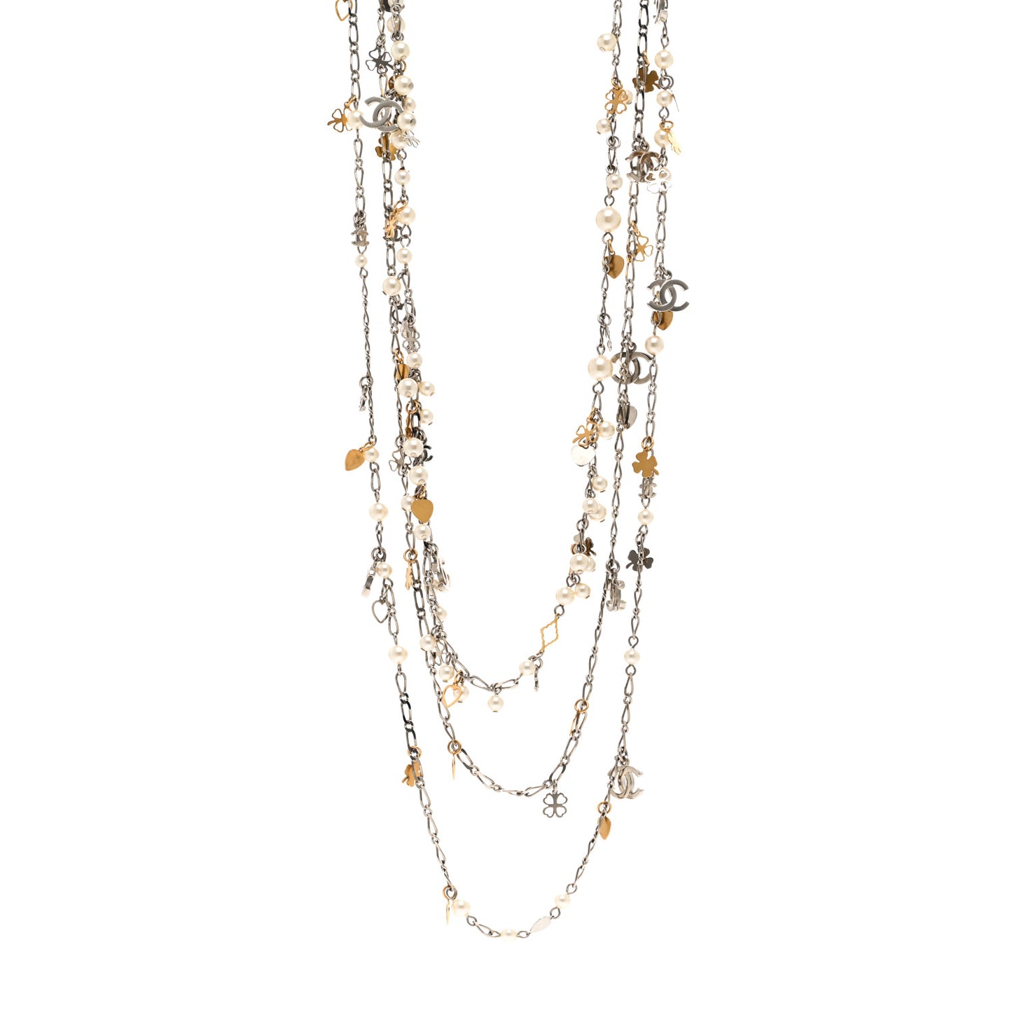 Pearl CC Charms Multi Strand Long Necklace Gold Silver