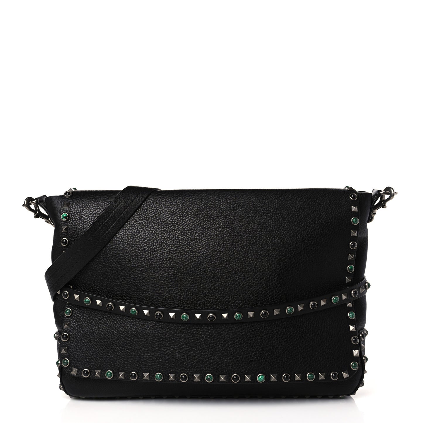 Pebbled Calfskin Rockstud Rolling Flap Messenger Bag Black