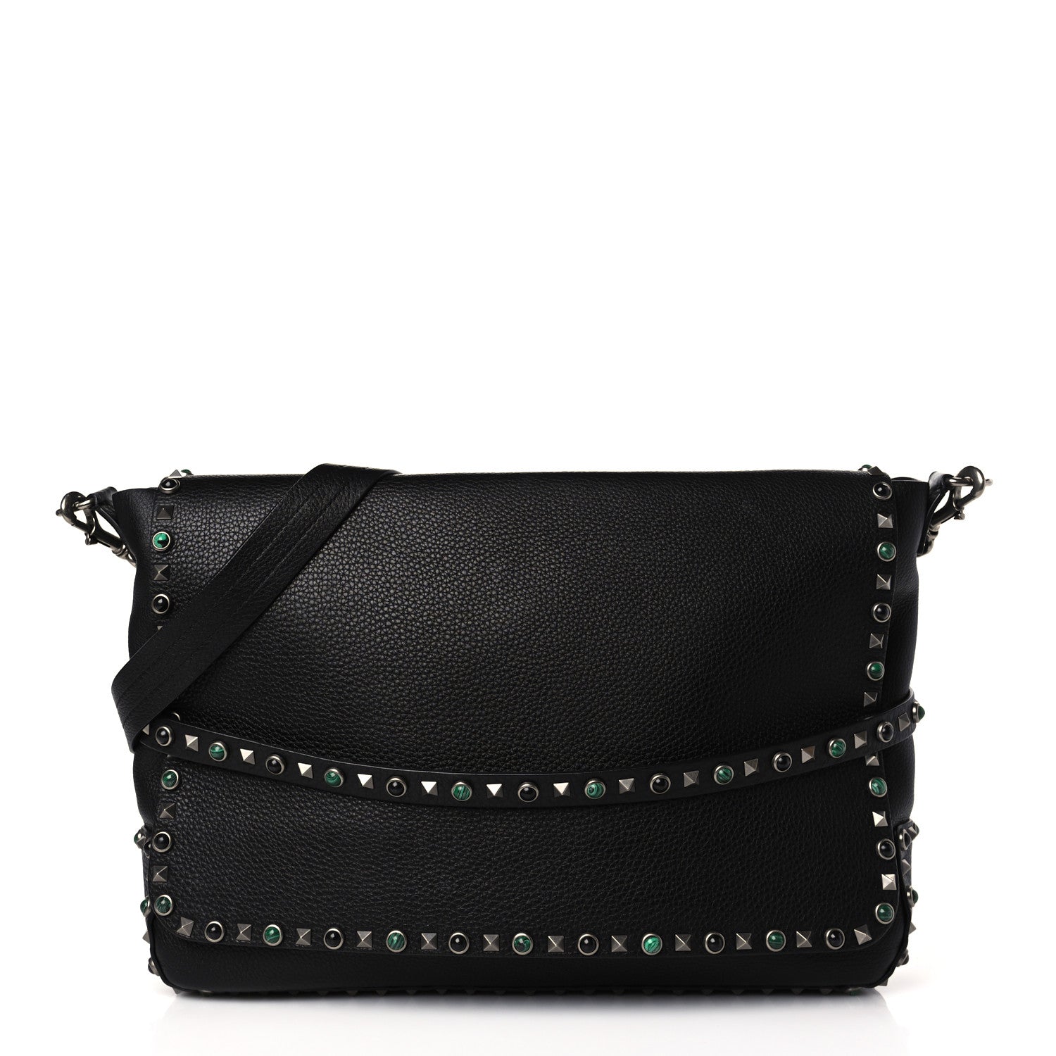 Valentino Garavani Pebbled Calfskin Rockstud Rolling Flap Messenger Bag Black 1 of 8