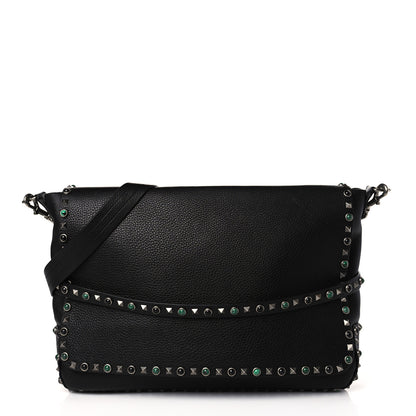 Valentino Garavani Pebbled Calfskin Rockstud Rolling Flap Messenger Bag Black 1 of 8