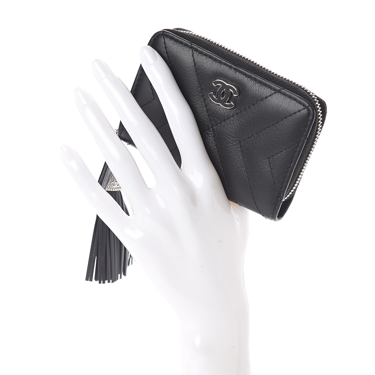Chanel Calfskin Chevron Quilted Tassel Zip Around Coin Purse Black 2 of 7