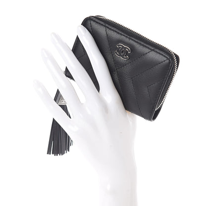 Chanel Calfskin Chevron Quilted Tassel Zip Around Coin Purse Black 2 of 7