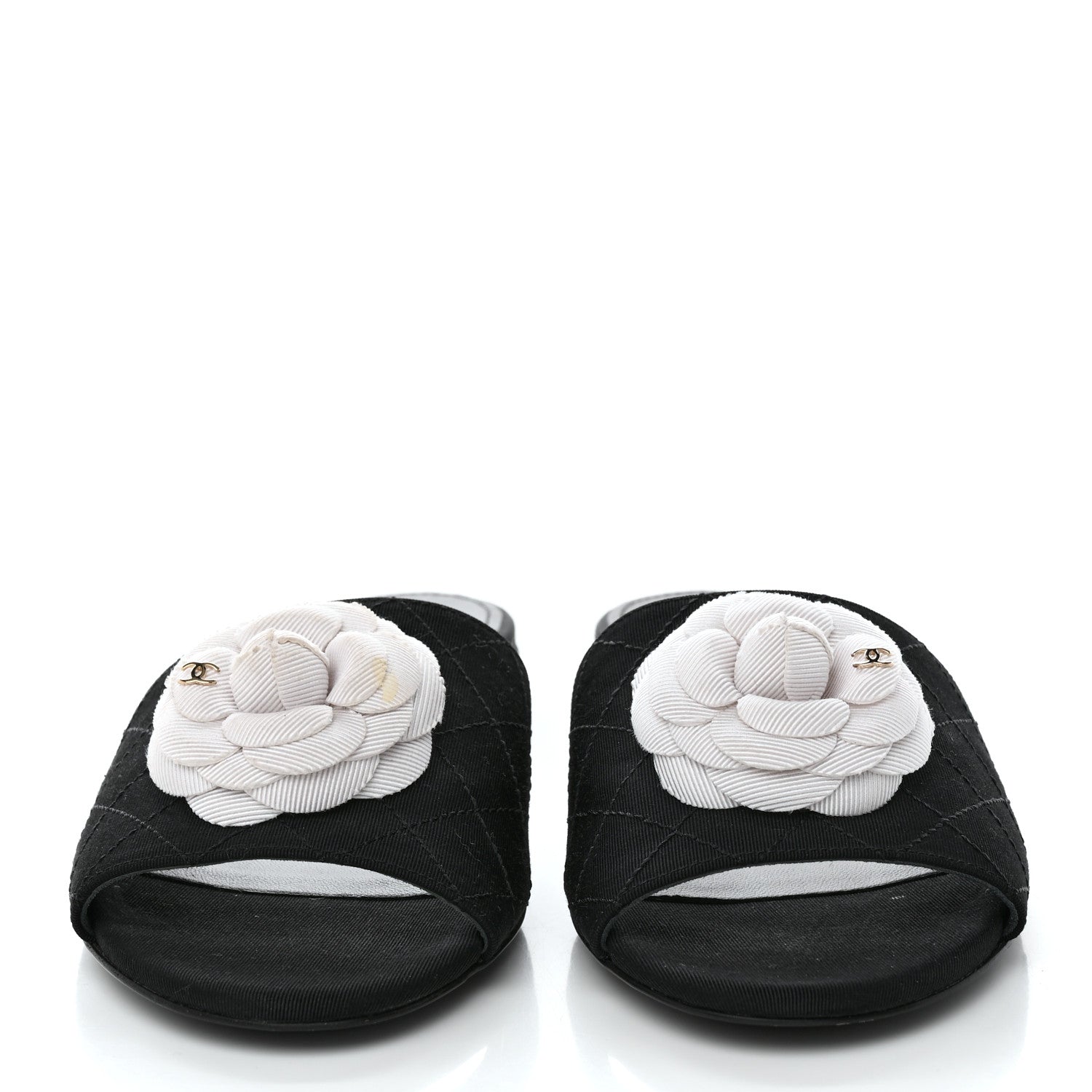 Chanel Grosgrain Quilted Camellia CC Slides 37.5 Black White 2 of 9