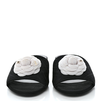 Chanel Grosgrain Quilted Camellia CC Slides 37.5 Black White 2 of 9