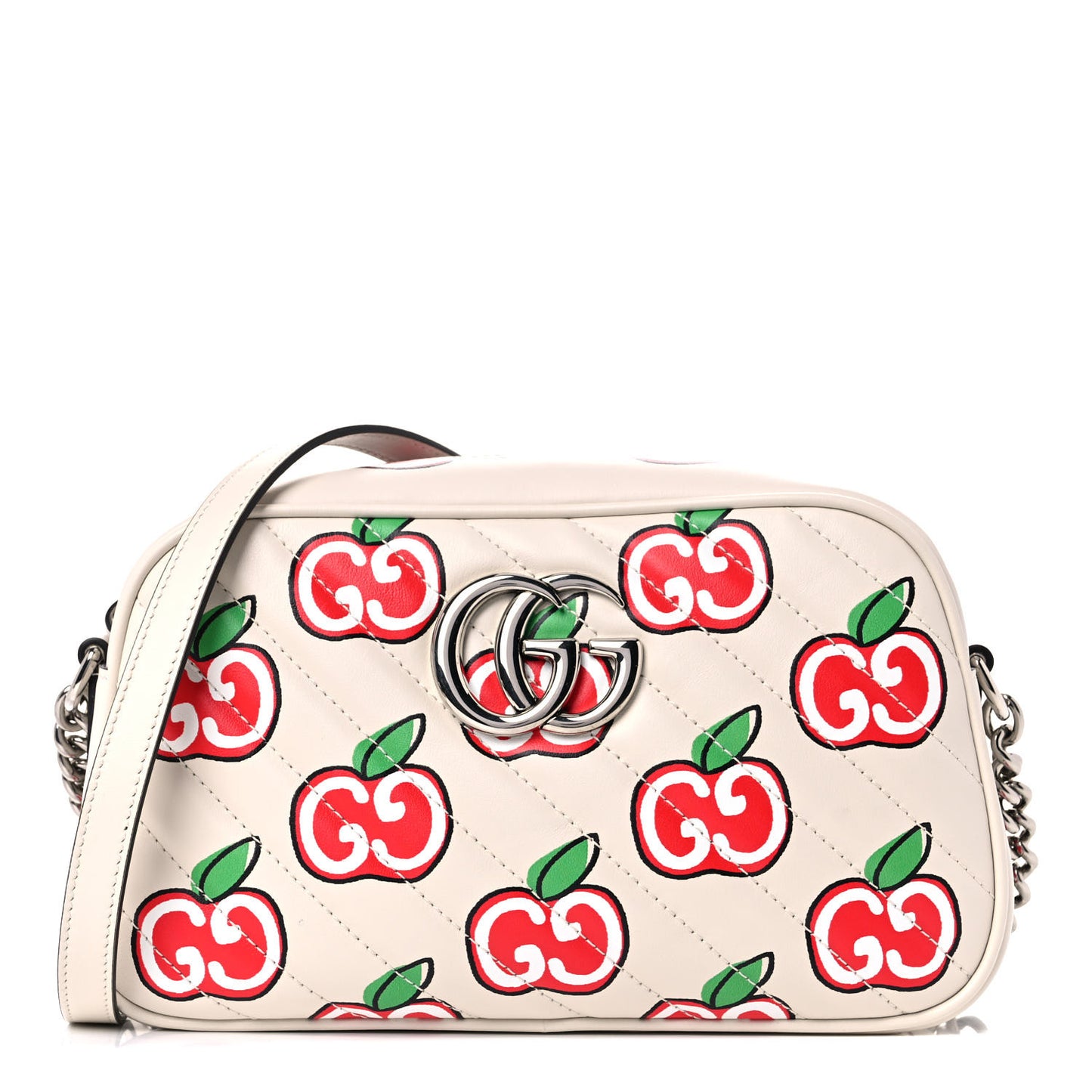 Calfskin Matelasse Diagonal GG Apple Small GG Marmont Chain Shoulder Bag Ivory