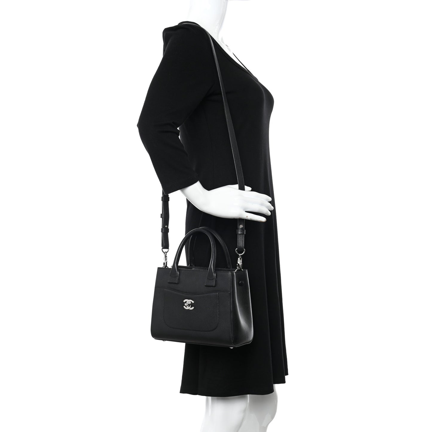 Grained Calfskin Mini Neo Executive Shopper Tote Black