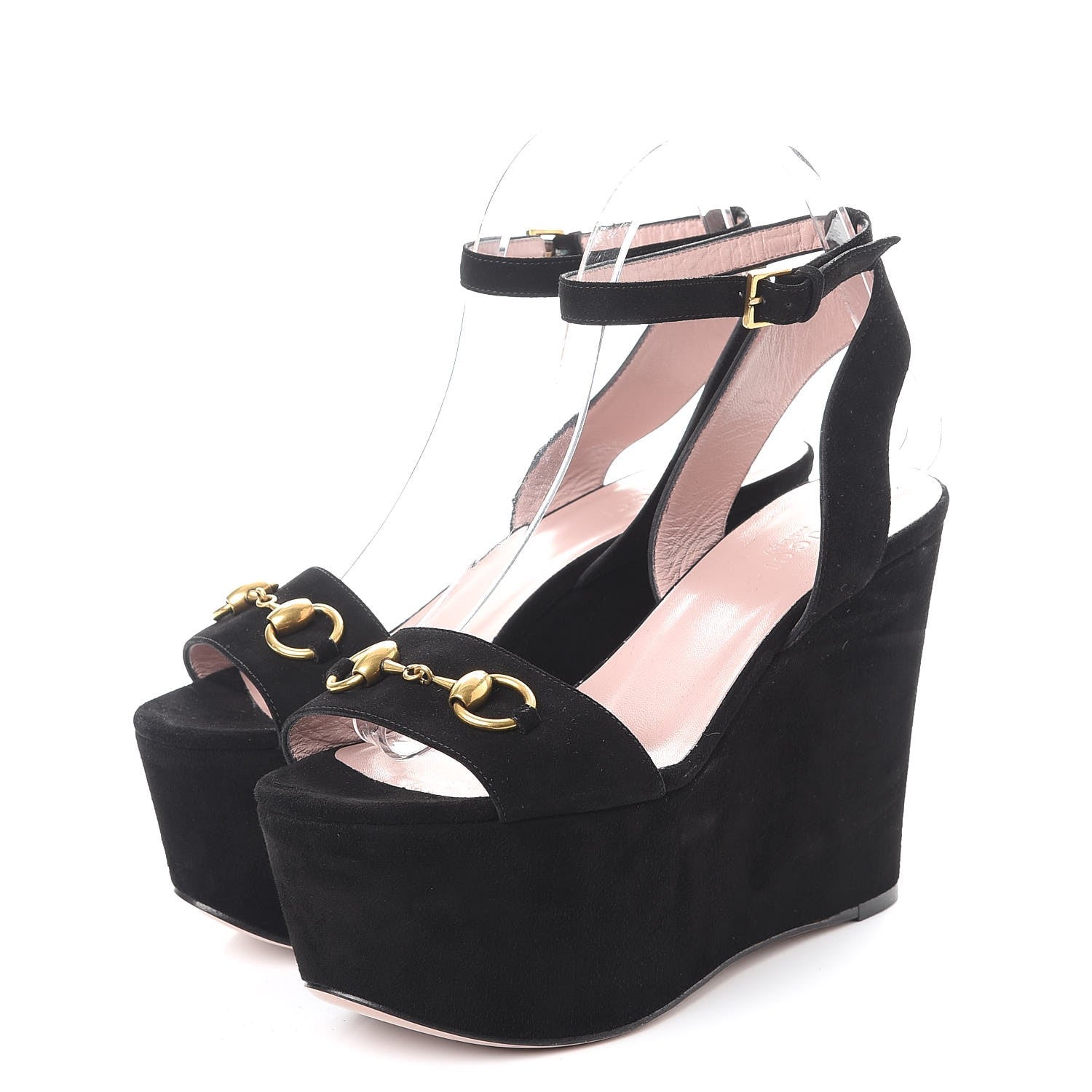 Gucci Kid Scamosciato Liliane Horsebit Platform Wedge Sandals 37 Black 3 of 8