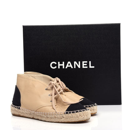 Chanel Lambskin Canvas Cap Toe Lace Up Espadrilles 38 Dark Beige Black 11 of 12