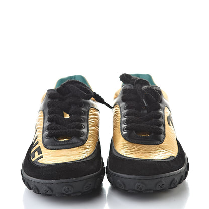 Chanel Metallic Fabric Calfskin Suede Crocodile Embossed CC Sneakers 38 Black Gold 2 of 10