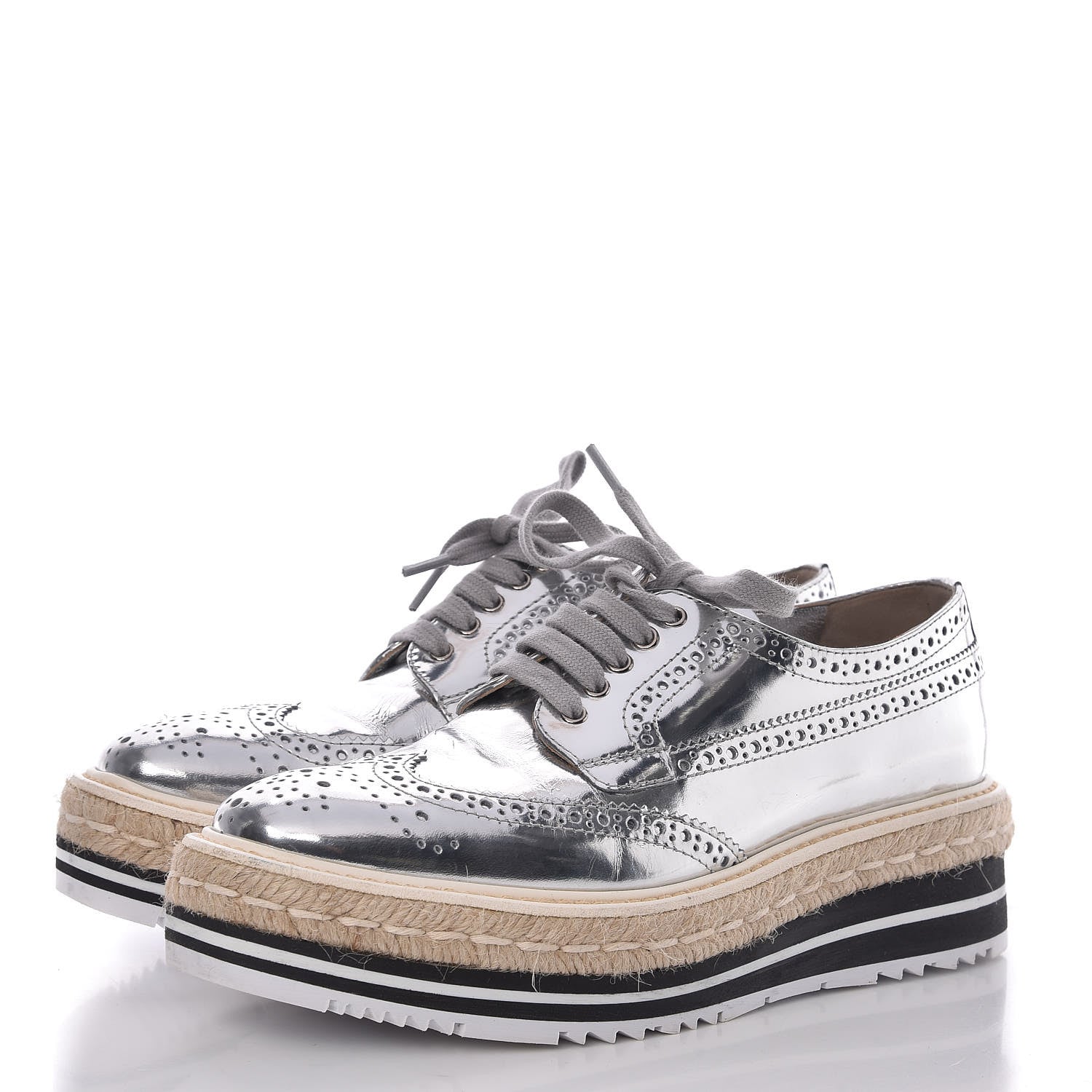 Prada Metallic Calfskin Platform Oxfords 36.5 Argento 3 of 11