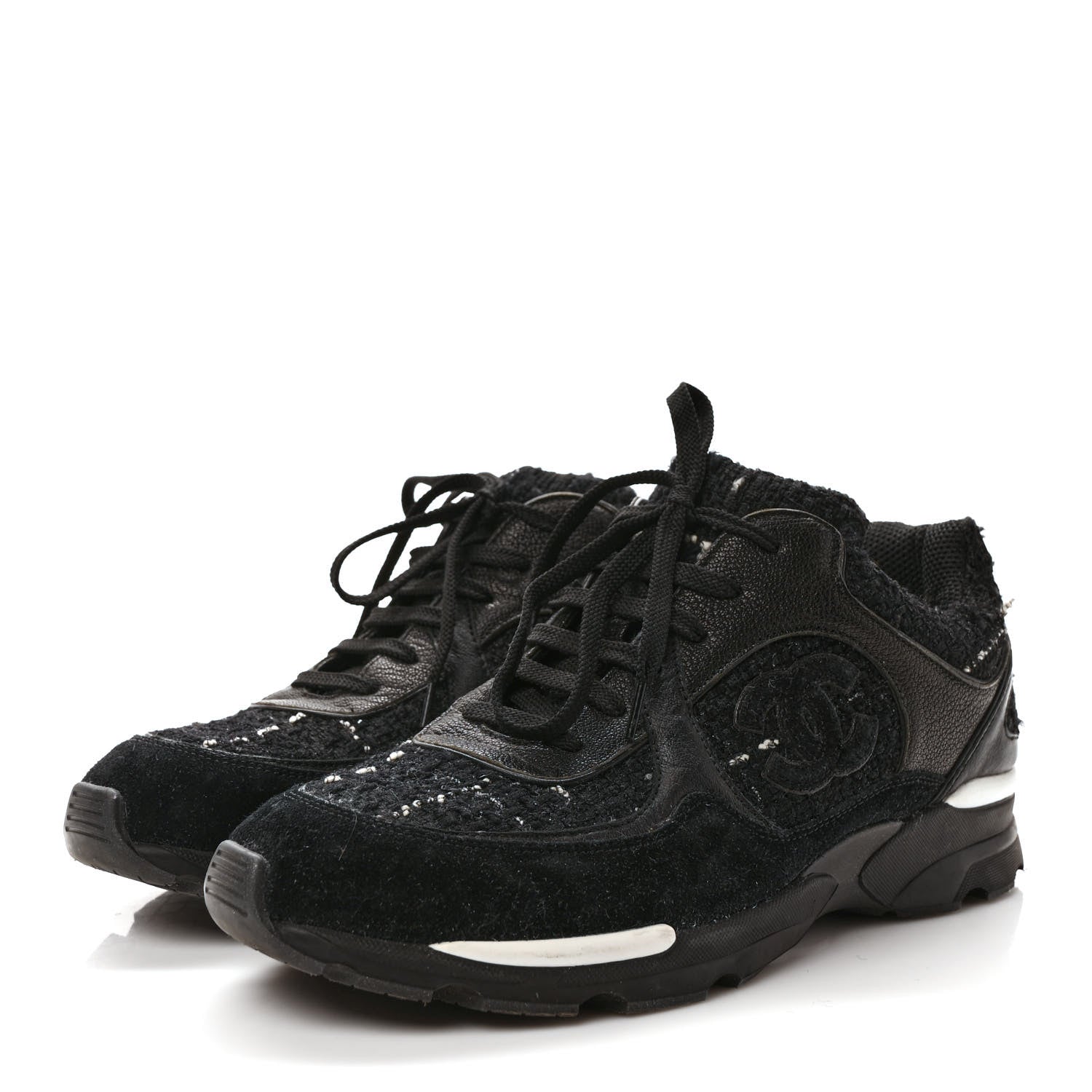 Chanel Tweed Suede Goatskin CC Sneakers 40 Black White 3 of 8