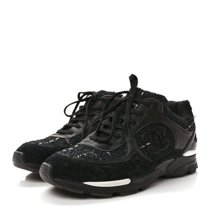 Chanel Tweed Suede Goatskin CC Sneakers 40 Black White 3 of 8
