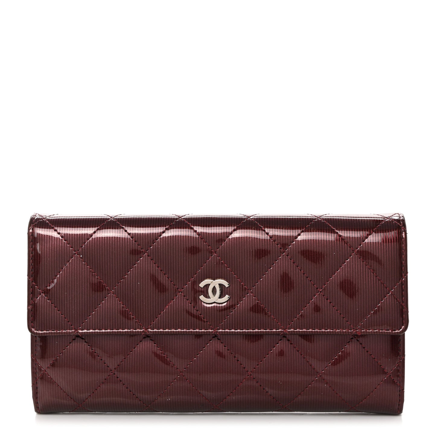 Striated Patent Quilted Large Gusset Flap Wallet Bordeaux