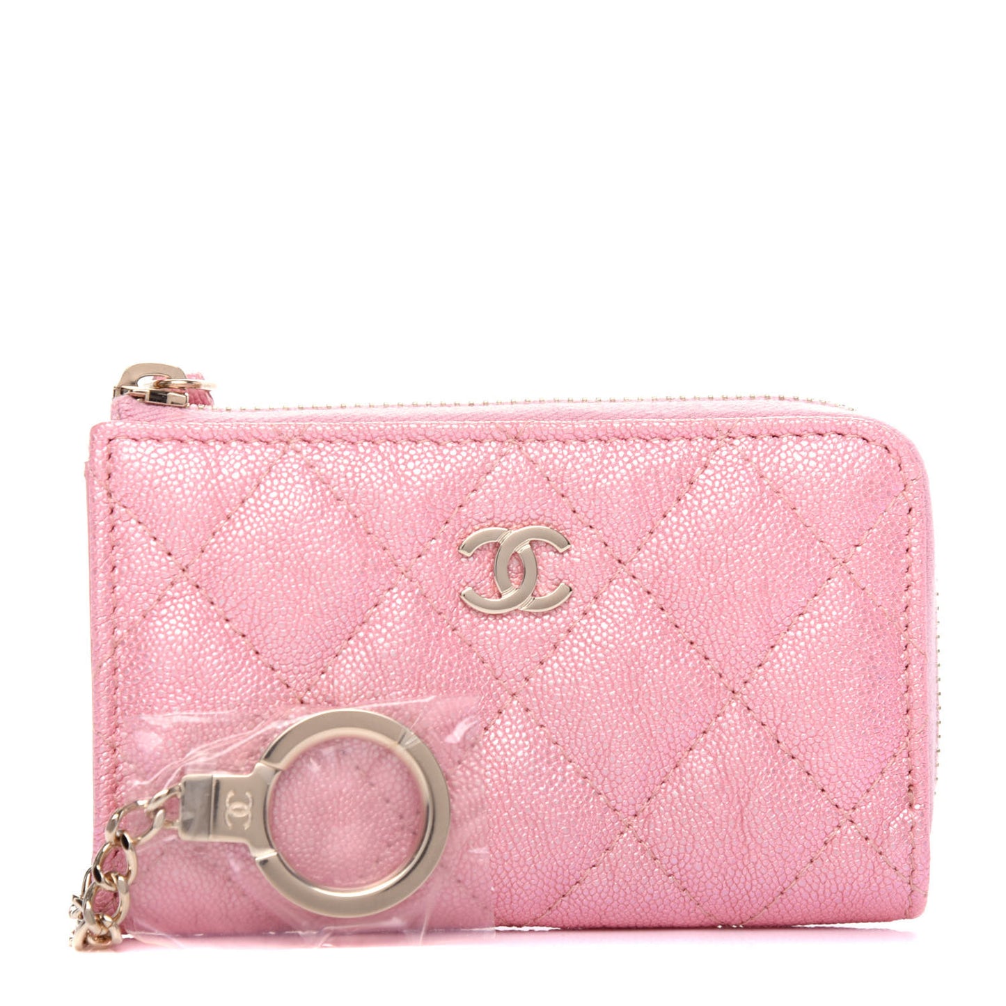Iridescent Caviar Quilted Zipped Key Holder Case Rose Pink