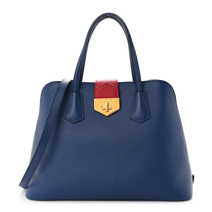 Prada Saffiano Cuir Bi-Color Double Handle Tote Bluette Fuoco 1 of 11