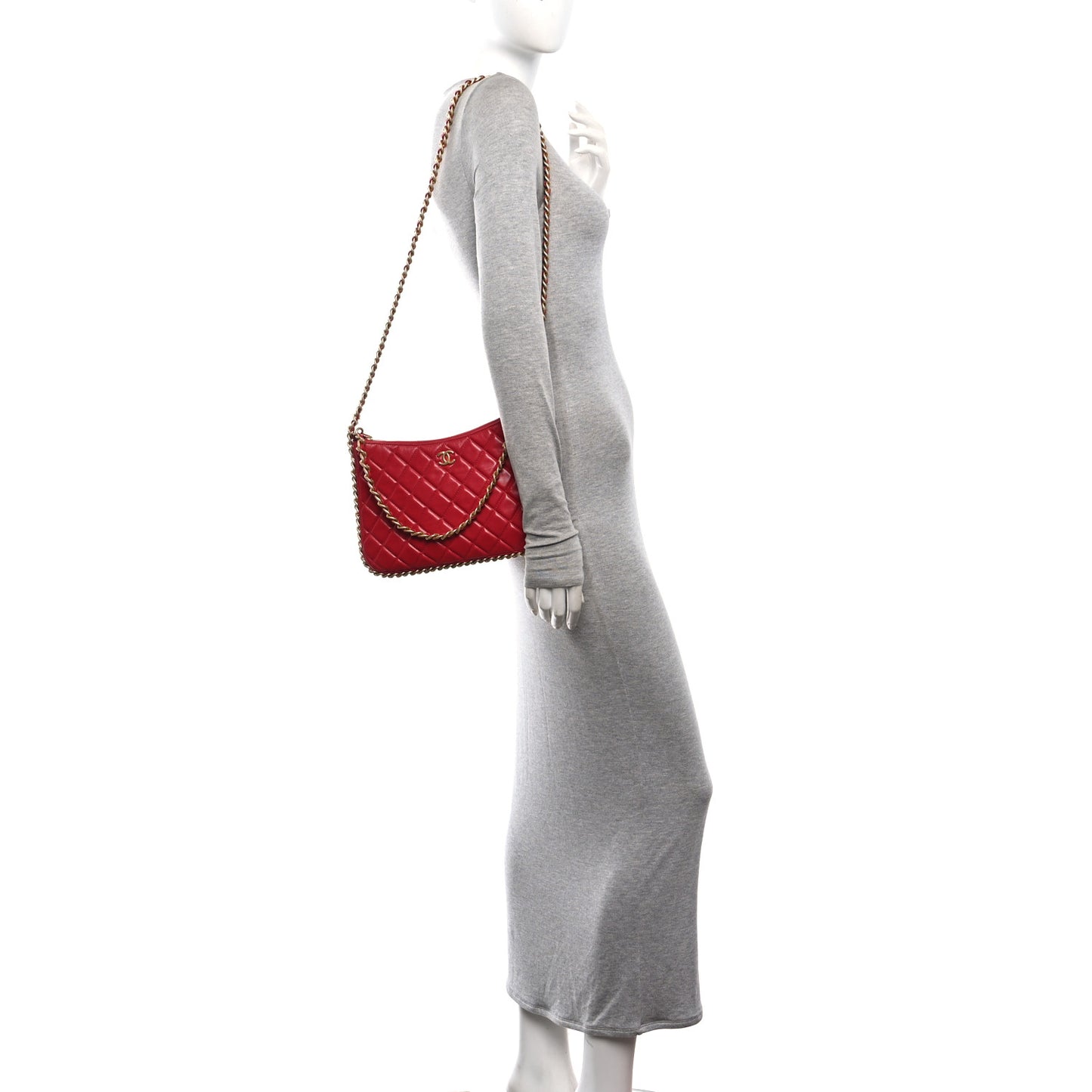 Shiny Crumpled Lambskin Quilted Large Trendy Chain Around Hobo Red