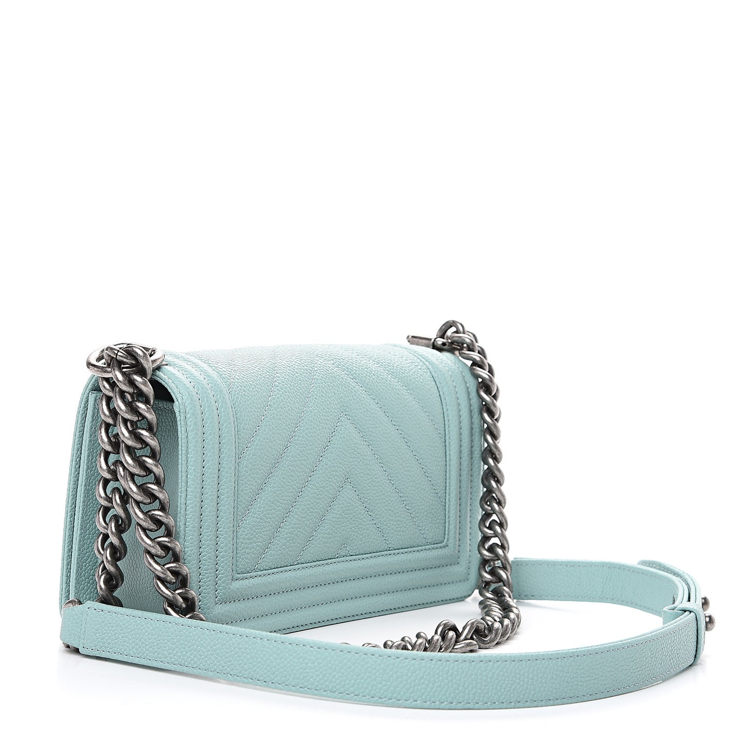 Caviar Chevron Quilted Small Boy Flap Light Blue