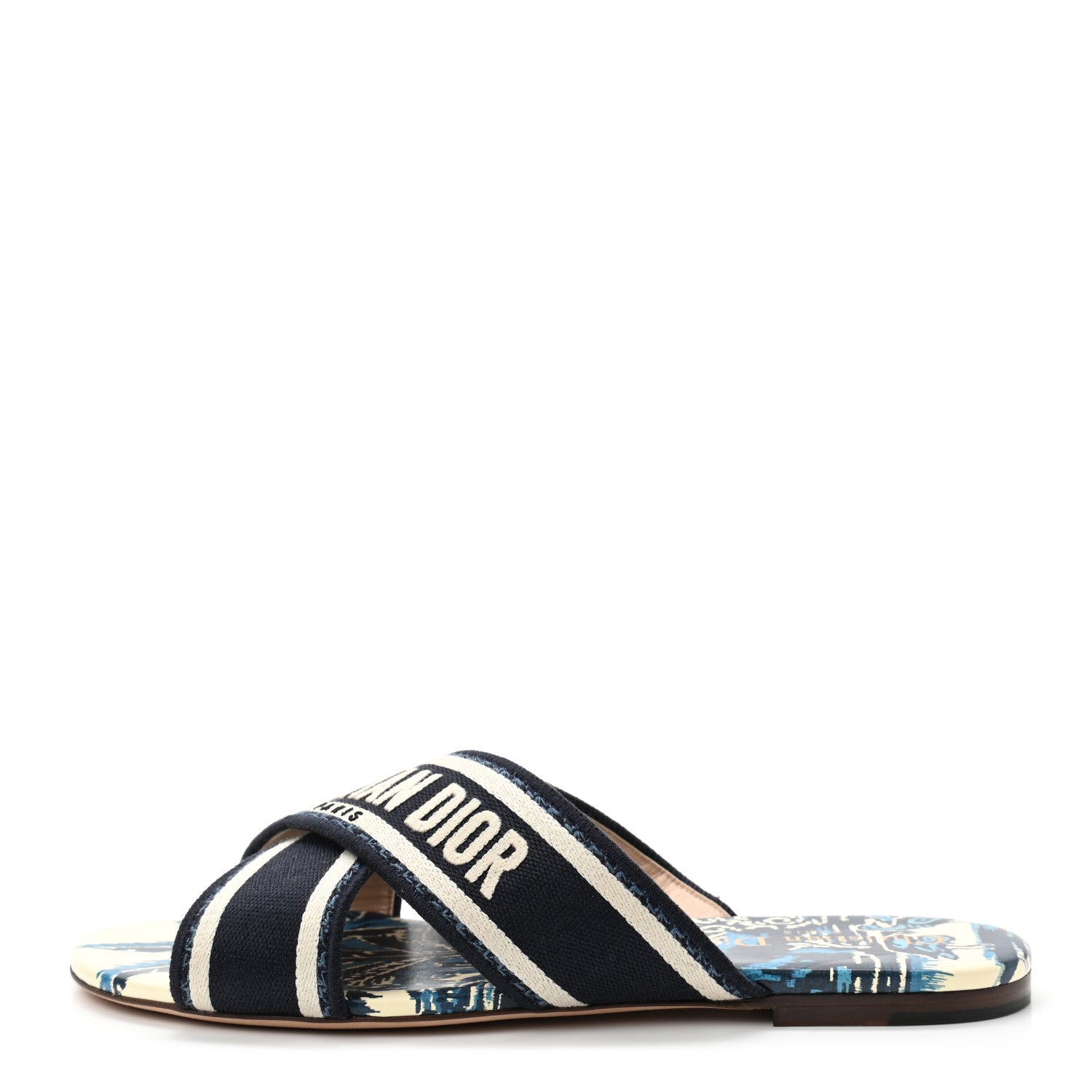 Christian Dior Canvas Palms Embroidered Dway Criss Cross Slide Sandals 37 Indigo Blue 1 of 8
