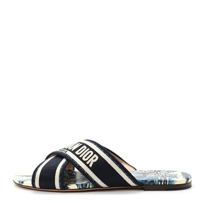 Christian Dior Canvas Palms Embroidered Dway Criss Cross Slide Sandals 37 Indigo Blue 1 of 8