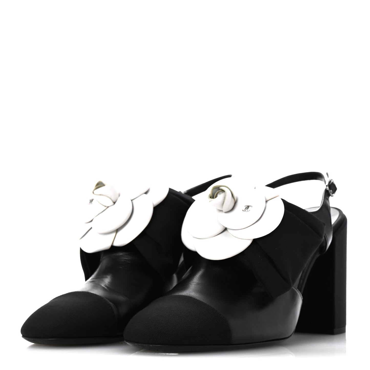 Lambskin Grosgrain Cap Toe Camellia Bow Slingback Pumps 40 Black