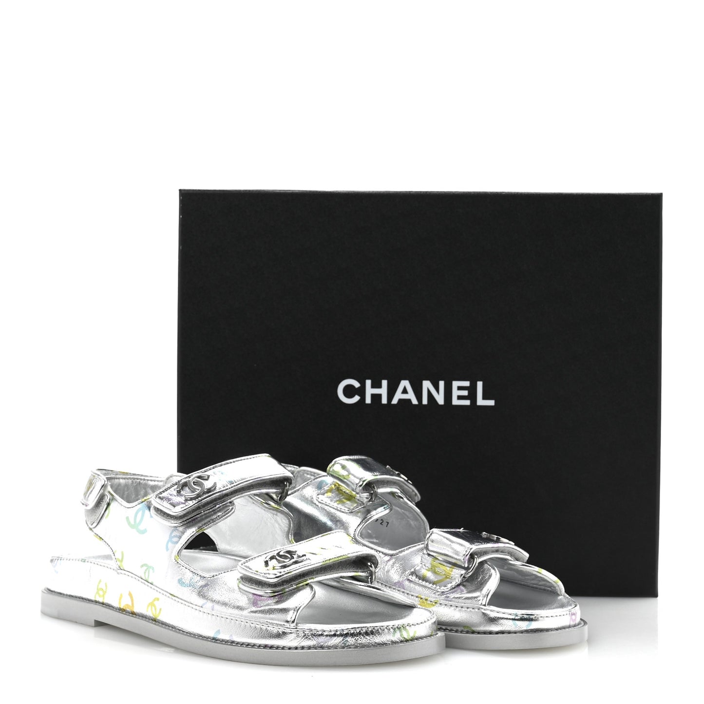 Laminated Lambskin Printed CC Dad Sandals 40 Silver Multicolor