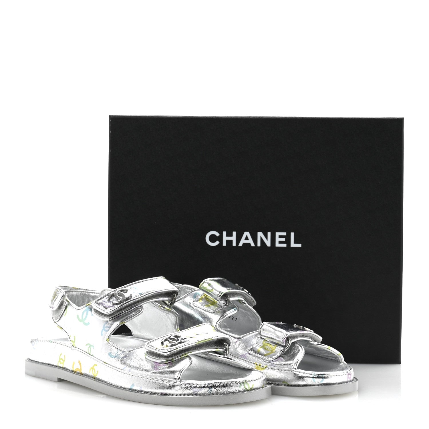 Chanel Laminated Lambskin Printed CC Dad Sandals 40 Silver Multicolor 10 of 10