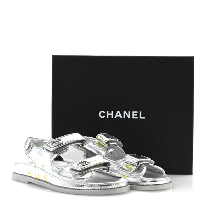 Chanel Laminated Lambskin Printed CC Dad Sandals 40 Silver Multicolor 10 of 10