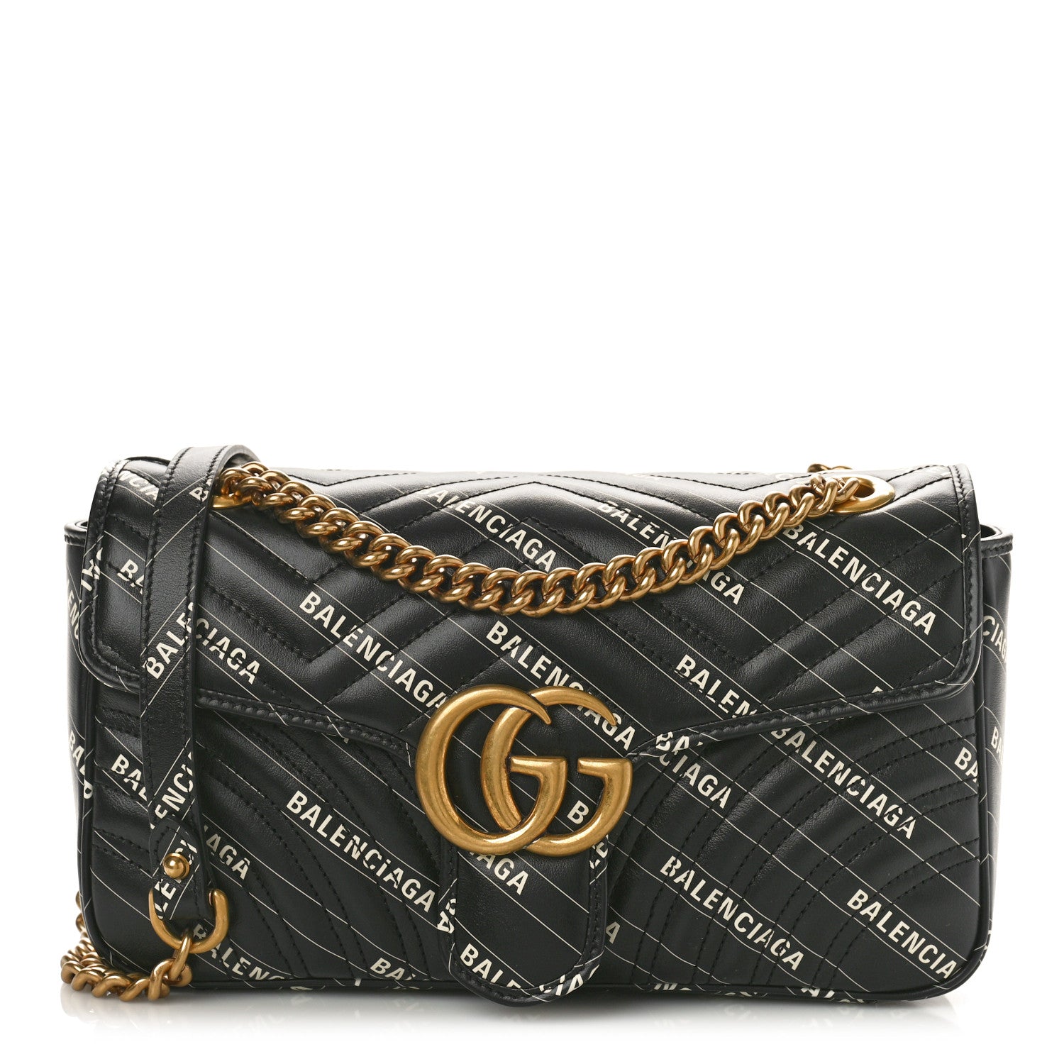 Gucci X BALENCIAGA Calfskin Matelasse Logo Print Small GG Marmont Shoulder Bag Black 1 of 11