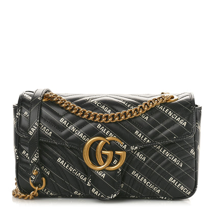 Gucci X BALENCIAGA Calfskin Matelasse Logo Print Small GG Marmont Shoulder Bag Black 1 of 11