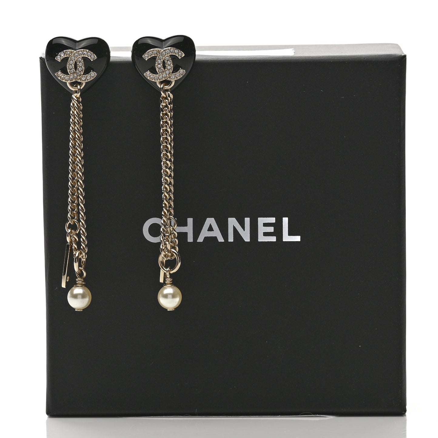 Resin Crystal Pearl CC Heart Chain Earrings Black Gold
