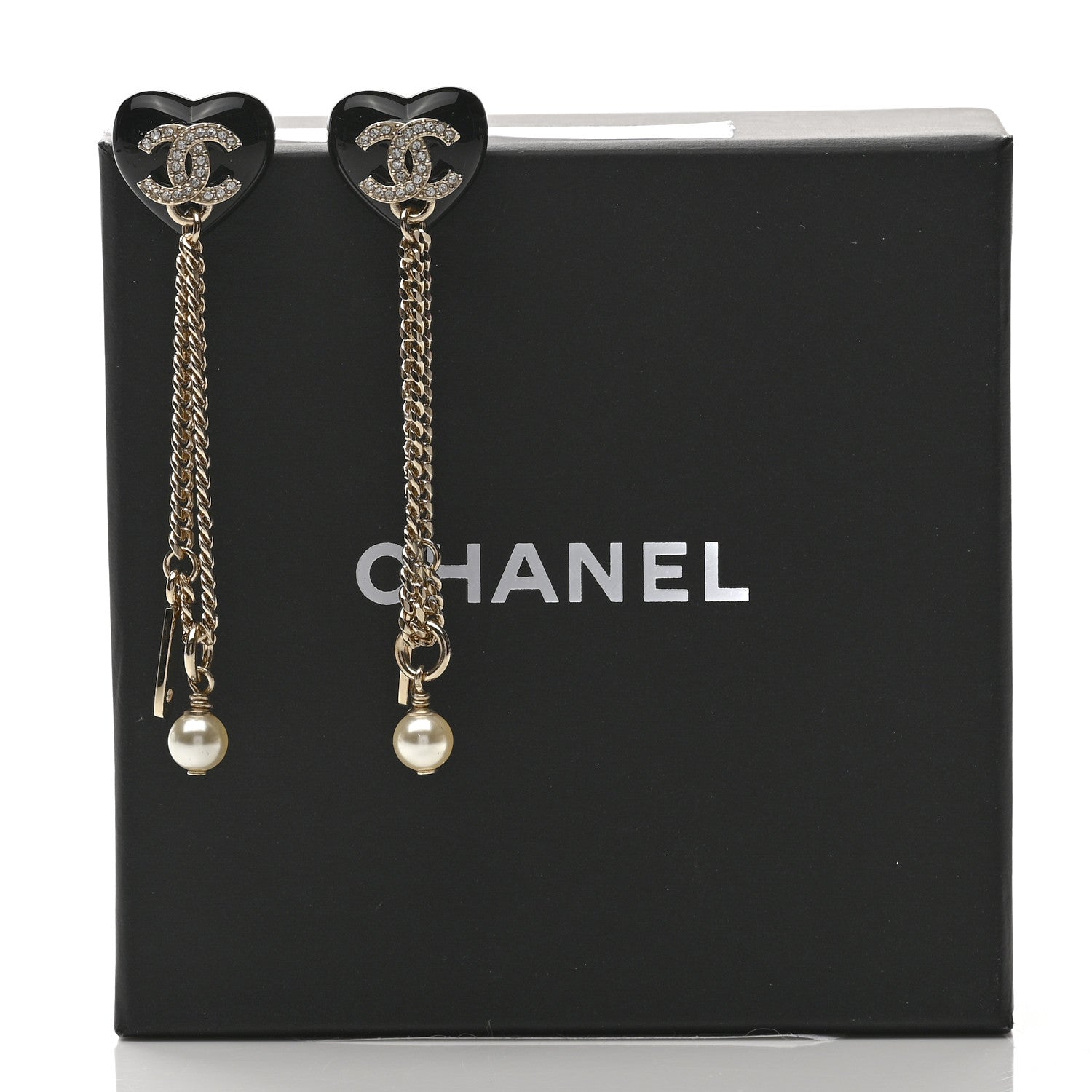Chanel Resin Crystal Pearl CC Heart Chain Earrings Black Gold 5 of 5