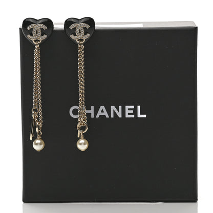 Chanel Resin Crystal Pearl CC Heart Chain Earrings Black Gold 5 of 5